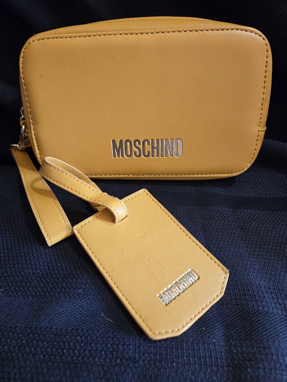 Moschino Mustard Yellow Travel Pouch with Matching Luggage Tag NWOT